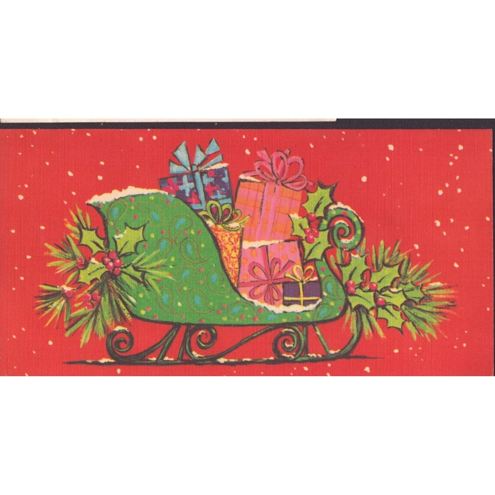 Vintage Norcross Christmas Card Green Paisley Sleigh Presents Red 1711 New York